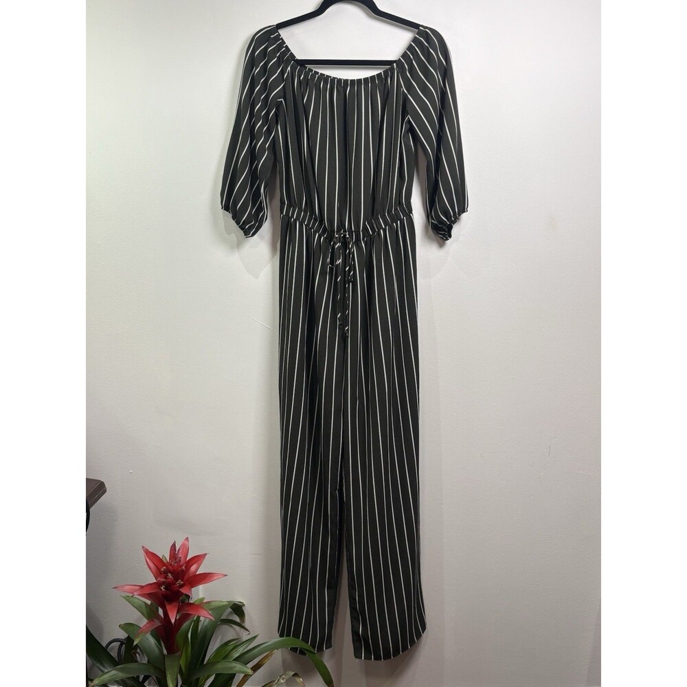 Haute Monde Black & White Striped Square Neck 3/4 Sleeve Jumpsuit L